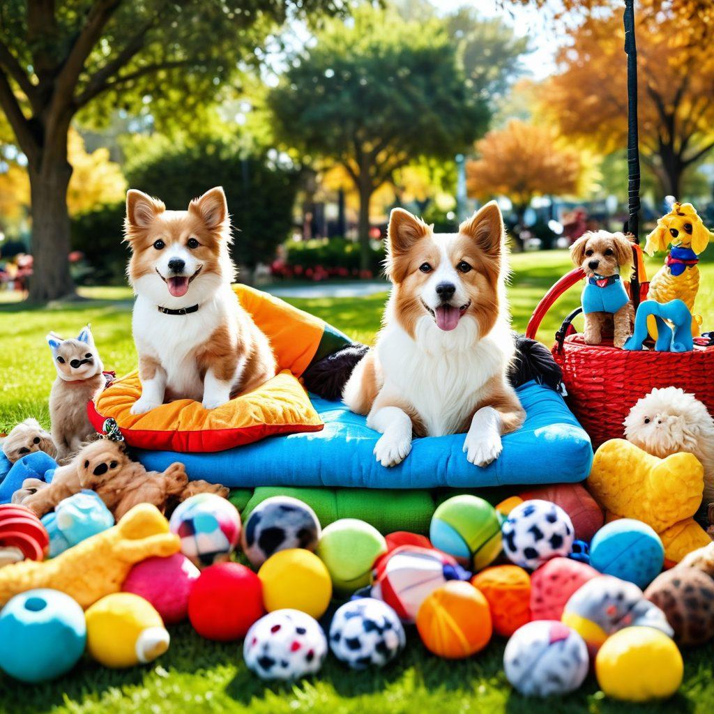 A vibrant display of various pet products and supplies including colorful toys, cozy beds, nutritious food, and stylish leashes. Show happy pets like dogs and cats interacting with these items, surrounded by a cheerful backdrop of a sunny park. Emphasize joy and companionship between pets and their owners. super-realistic. vibrant colors. playful atmosphere.
