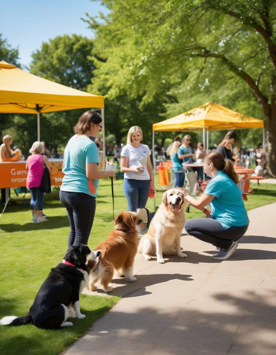 A cozy and inviting pet training session taking place in a sunny outdoor park, featuring a diverse group of pet owners interacting with their dogs, alongside a wellness area showcasing pet health services such as grooming and nutrition tips. Dogs of various breeds play with each other, while enthusiastic trainers provide guidance. The background includes a community support booth with friendly volunteers sharing resources with pet owners. bright colors. cartoon style.