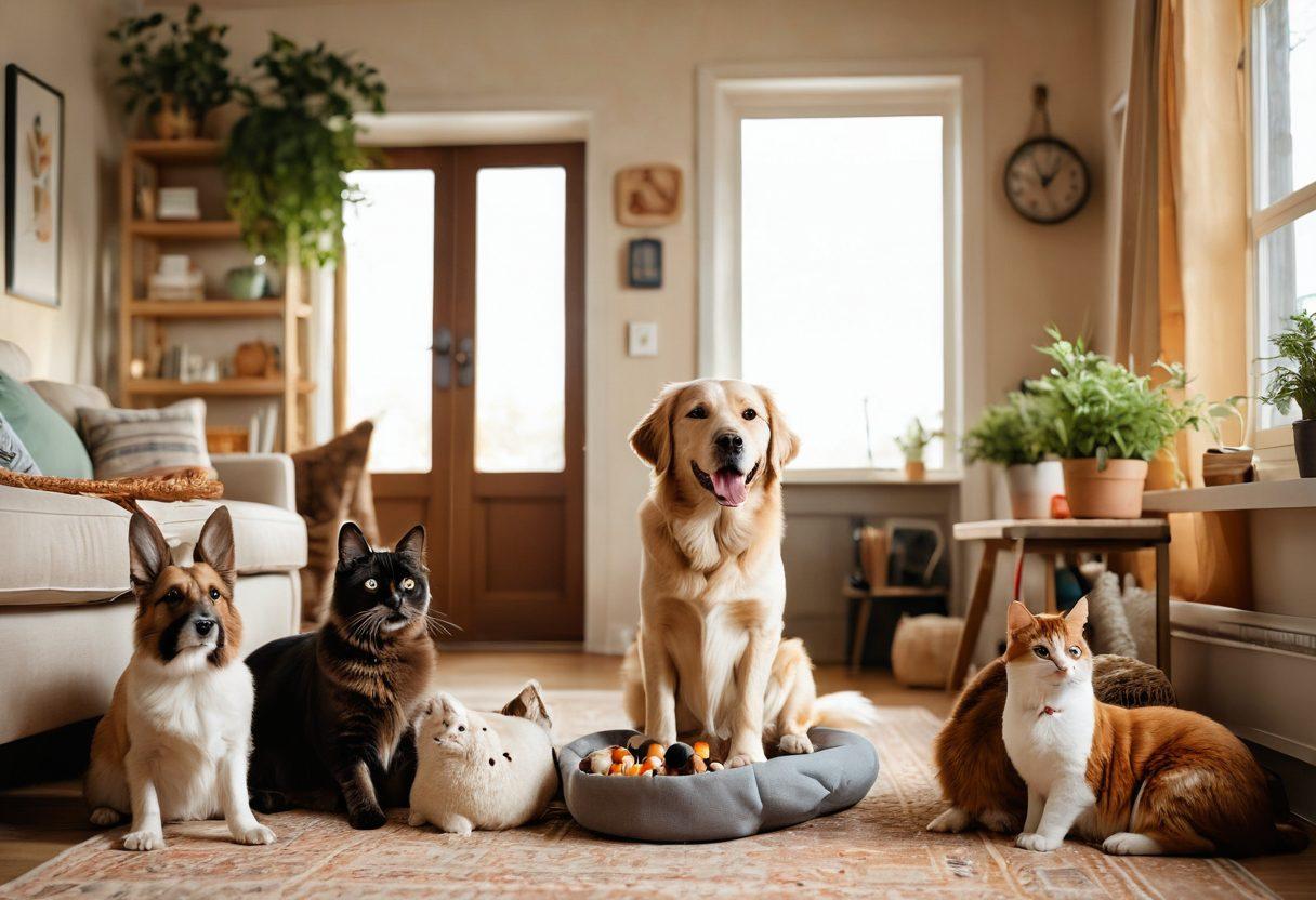 A cozy home setting featuring a diverse array of pets, including a dog, cat, rabbit, and bird, all happily interacting with their owners. Surround them with pet care products like toys, grooming brushes, and food bowls, creating a warm, inviting atmosphere. Emphasize the bond between pets and their humans, with smiles and playful expressions. Use soft lighting to enhance the scene and create a nurturing vibe. super-realistic. vibrant colors. warm tones.